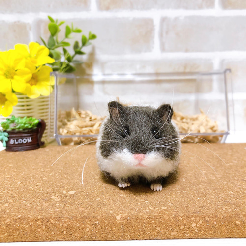 伏せポーズ *ブラックパイド*キャンベルハムスター<羊毛フェルト> 羊毛