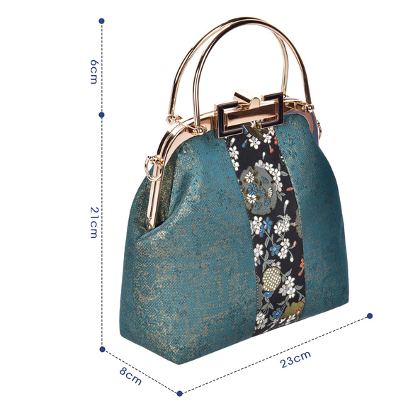 手作りa4サイズ西陣織と金襴非対称の生地パターンスプライスデザインの金属っ手レディースくちがねバッグ 5枚目の画像
