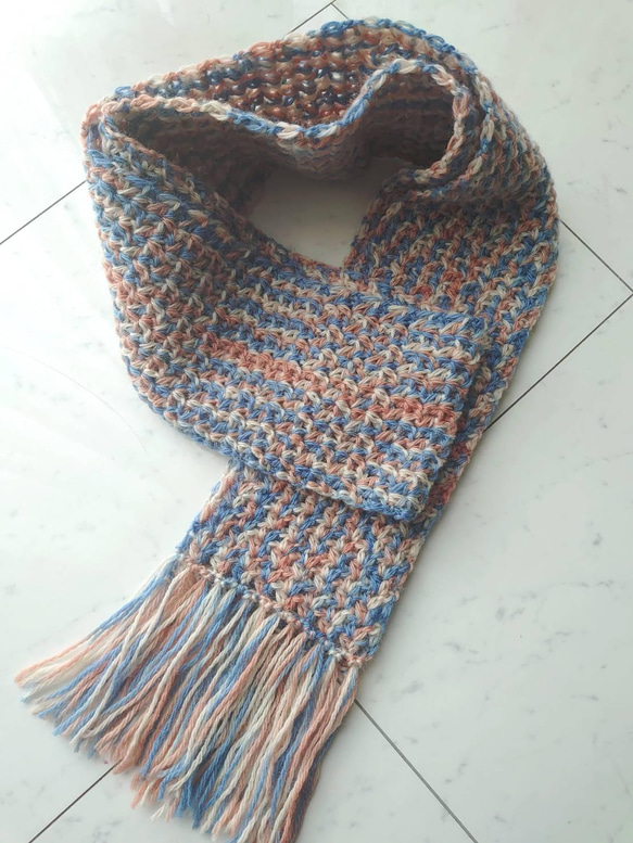 マフラー フリンジ カラフル ブルーピンクMIX 編み 手編み 編み物