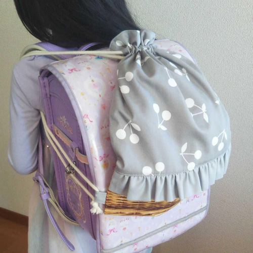 さくらんぼ　花柄　くすみ紫　体操着袋　お着替え袋　女子　入園　入学 さくらんぼのお着替え袋Sサイズ☆体操服入れ☆巾着☆エプロン