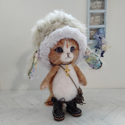 うさみみ帽子のごーぐるにゃんこ ぬいぐるみ　羊毛フェルト ねこ たれ耳うさぎ 7枚目の画像