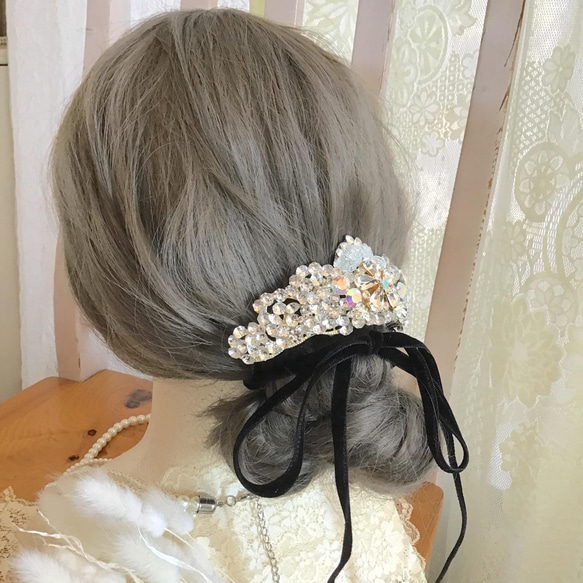 【一点ものティアラ♡】バックヘア用　ビンテージガラス　ヘッドドレス　ウエディング　ブライダル　結婚式394 7枚目の画像