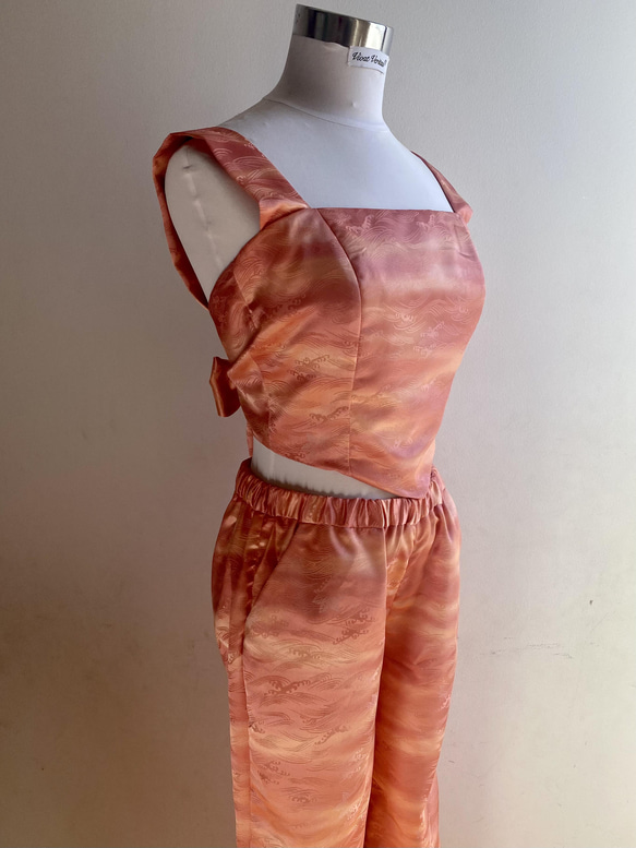 着物リメイク 洗える着物　ウエストゴムパンツ　ピンク桜柄　　リラックスパンツ 6枚目の画像