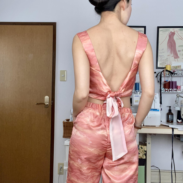 着物リメイク 洗える着物　ウエストゴムパンツ　ピンク桜柄　　リラックスパンツ 8枚目の画像