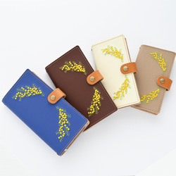 全機種対応 スマホケース 手帳型 【 刺繍 横向き ミモザ 】 レザー iPhone Android 春 A138I 3枚目の画像