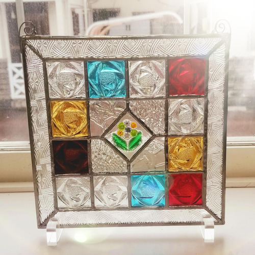 ステンドグラス アンティーク調パネル　ローズガラス使用 ステンドグラス アンティーク調パネルローズガラス使用