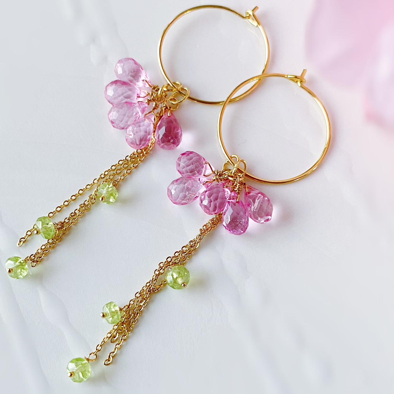 4way♡こぼれ桜 ピンクトパーズ・ペリドットの組み合わせピアス/イヤリング