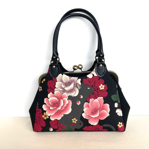 薔薇柄レースあおりがま口バッグ　ハンドメイド 薔薇柄あおりがま口バッグ&がま口ポーチセット ハンドメイド