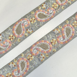 【50cm】インド刺繍リボン グレー　ペイズリー　シルク　VS372 5枚目の画像