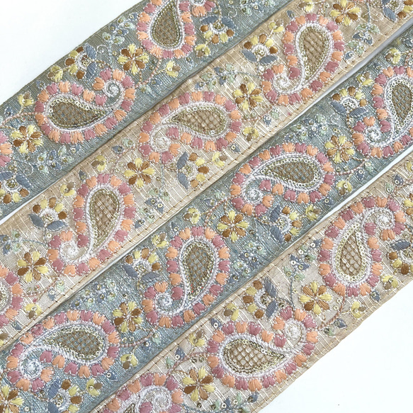 【50cm】インド刺繍リボン グレー　ペイズリー　シルク　VS372 6枚目の画像