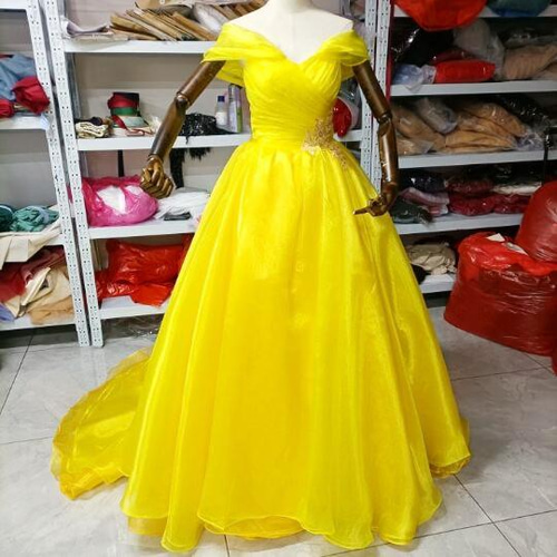 高品質！イエロー カラードレス 結婚式ドレス ベアトップ トレーン 2次  