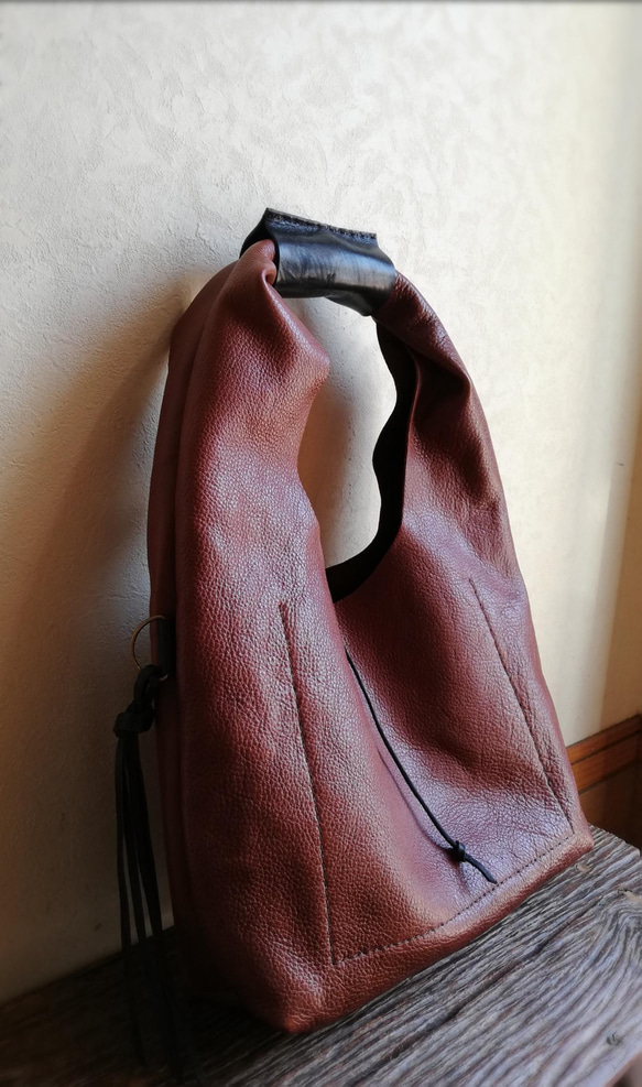 one shoulder bag　ブラウン✗ブラック　オイルシュリンクレザー 7枚目の画像