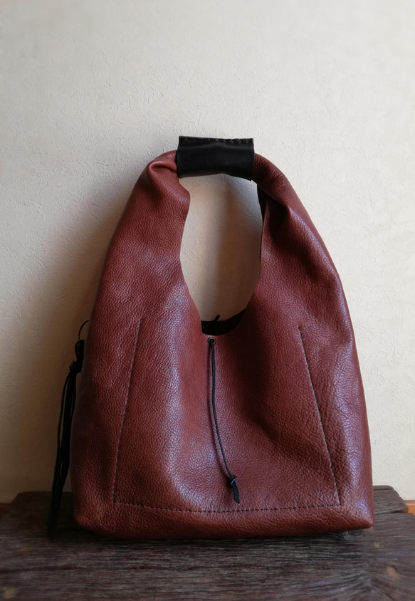 one shoulder bag　ブラウン✗ブラック　オイルシュリンクレザー 6枚目の画像