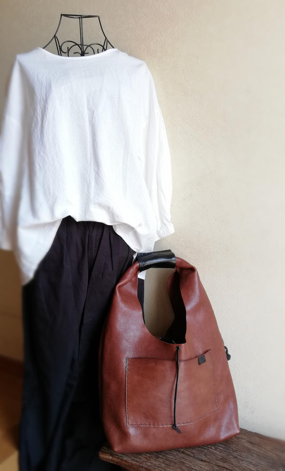 one shoulder bag　ブラウン✗ブラック　オイルシュリンクレザー 11枚目の画像