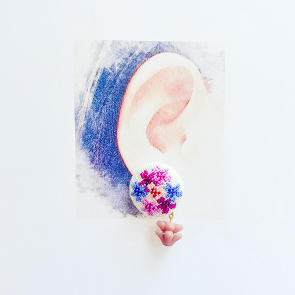 Shibazakura 芝櫻/櫻花刺繡胡桃紐扣耳環/耳環 第2張的照片