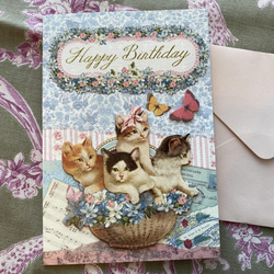 再入荷！立体的！『 アンティーク調 キャット グリーティング カード 猫　お誕生日カード　” 猫と蝶々”』～封筒付き～ 1枚目の画像