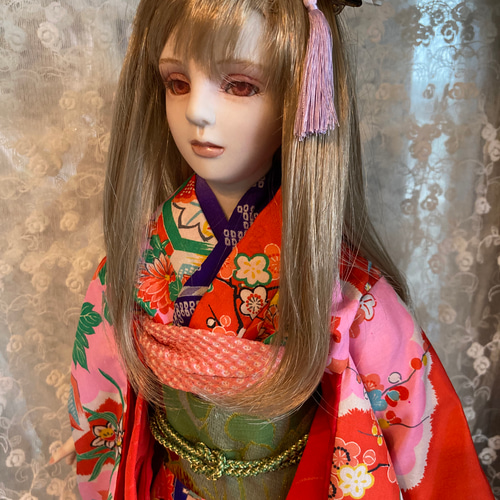 創作ビスクドール人形 桃色のアンティーク着物の女の子 その他人形