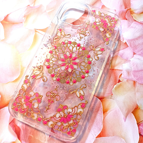 全機種対応】春桜ピンクが大人かわいいハートのキラキラステンド