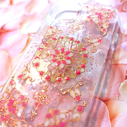 【全機種対応】春桜ピンクが大人かわいいハートのキラキラステンドグラススマホケース/ローズクオーツ/アイフォンアンドロイド 6枚目の画像