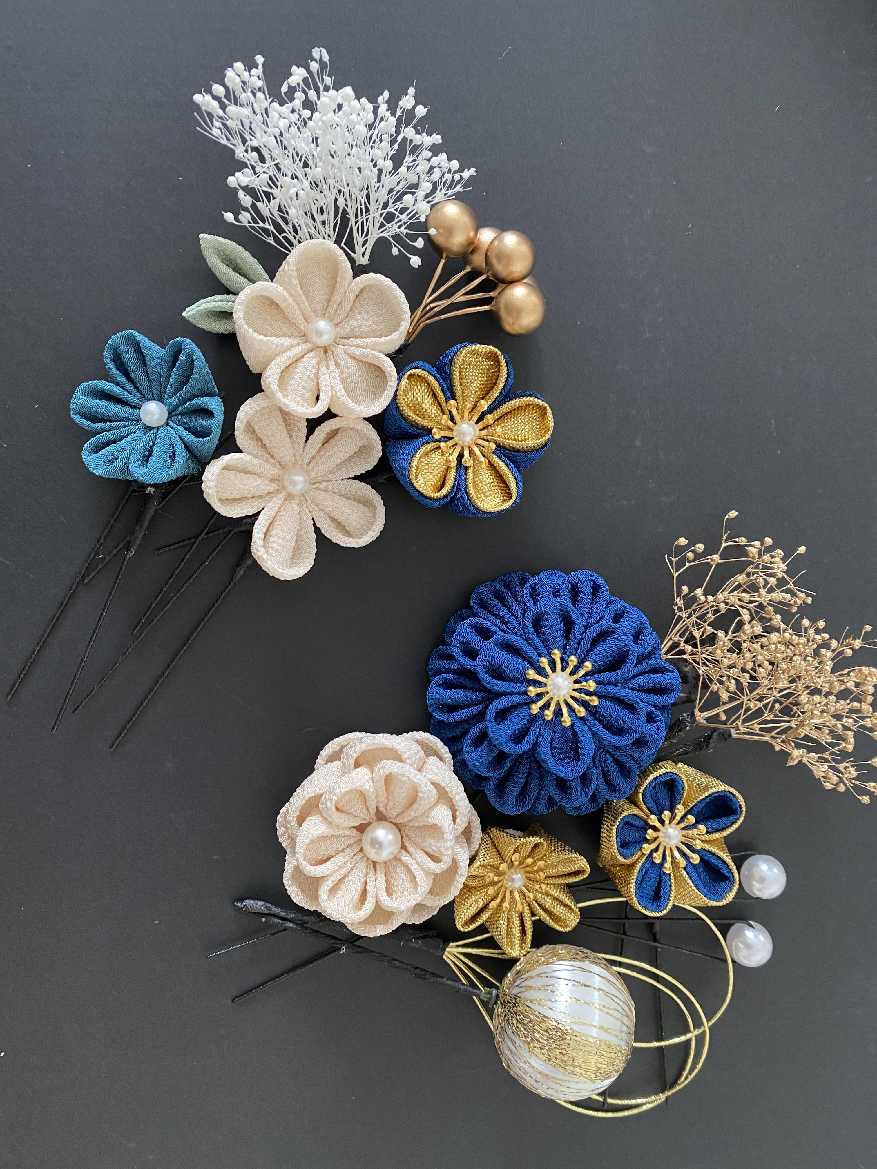 つまみ細工　髪飾り　青×ゴールド