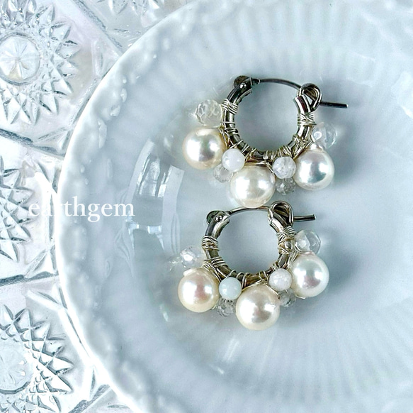 SV925】あこや真珠の艶々3連パール×クリスタル水晶のゴールドピアス  
