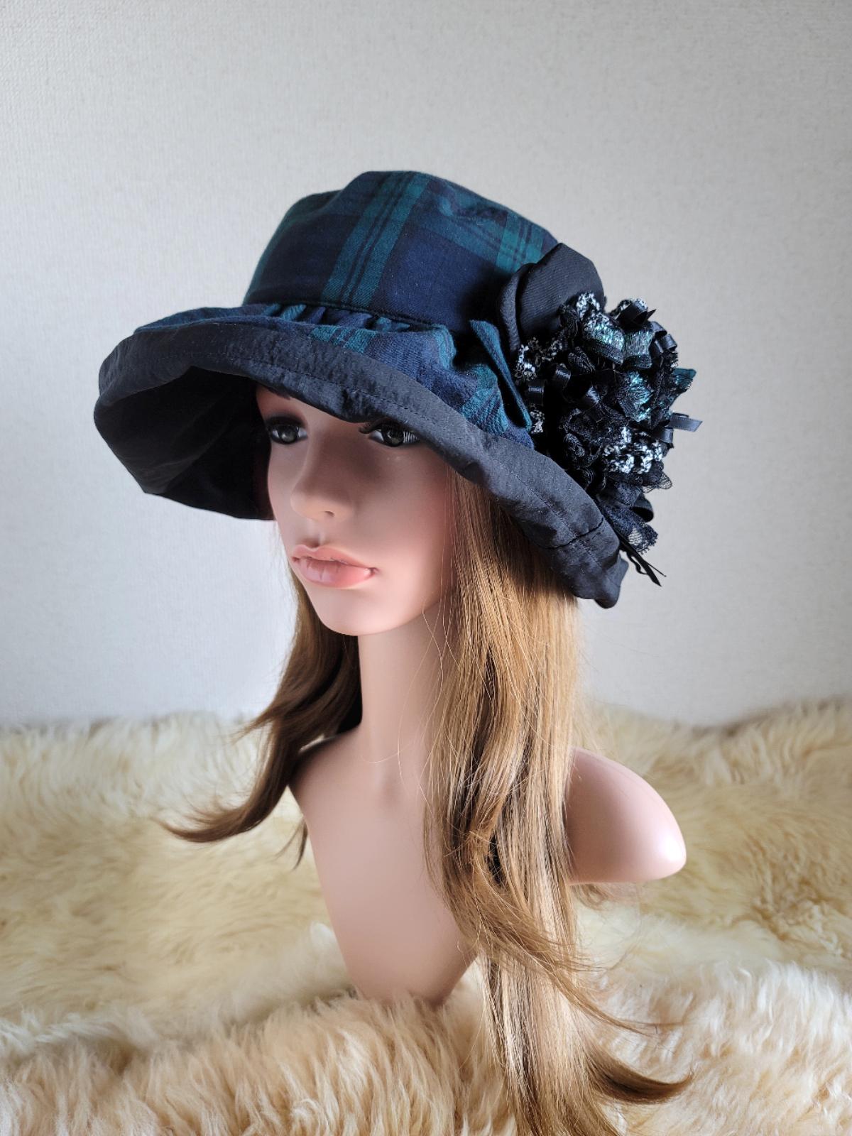 薄手cotton★グリーンチェック×black★62.5㎝★日差しに負けない★ギャザーフリル 帽子★コサージュ付き