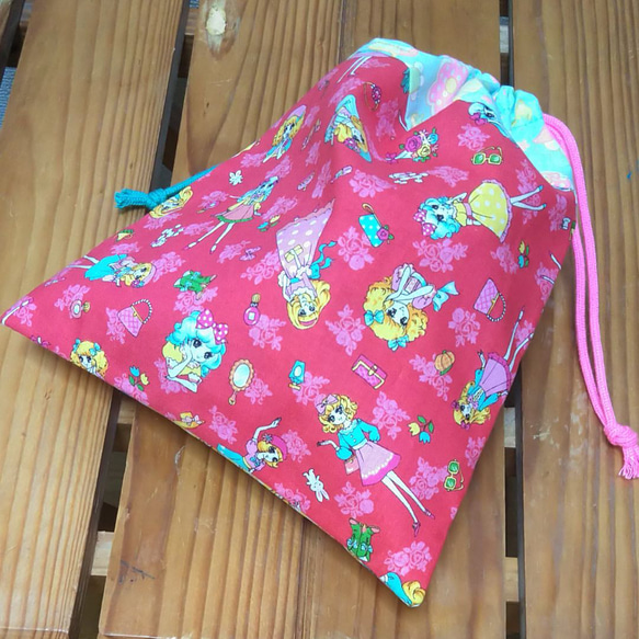 入園入学　巾着袋　コップ袋　給食袋　女の子　レトロガール　ピンクス　パッチワーク　pinks　お名前テープ 2枚目の画像