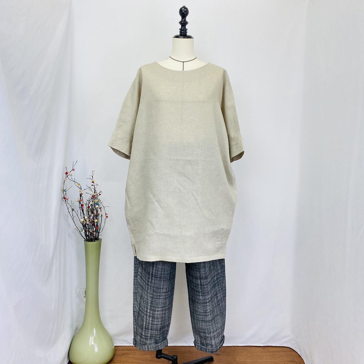 【ご奉仕品】リネン100%  ゆったりコクーンワンピース　生成り　薄手