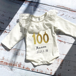 小號/數量有限◎100天慶祝褶邊連身衣雙黃金/100天長袖子吃第一個嬰兒名字 第1張的照片