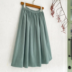 丈オーダー可 遠州産やわらかコーデュロイのギャザースカート グレイッシュグリーン 大きい小さいサイズ nunono-13 7枚目の画像