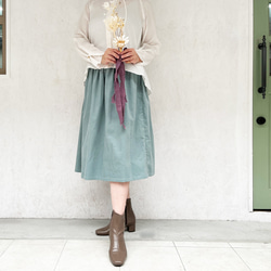 丈オーダー可 遠州産やわらかコーデュロイのギャザースカート グレイッシュグリーン 大きい小さいサイズ nunono-13 1枚目の画像
