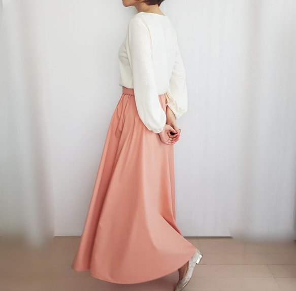 シルエットが綺麗＊ロングフレアーギャザースカート＊女性らしいピンク 4枚目の画像