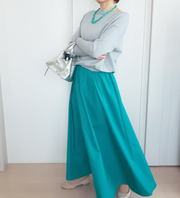 シルエットが綺麗＊ロングフレアーギャザースカート＊流行のグリーン 6枚目の画像
