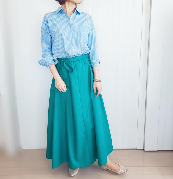 シルエットが綺麗＊ロングフレアーギャザースカート＊流行のグリーン 3枚目の画像