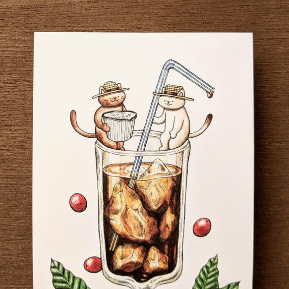 ポストカードサイズ 猫とアイスコーヒーアートプリント/イラスト複製画 2枚目の画像