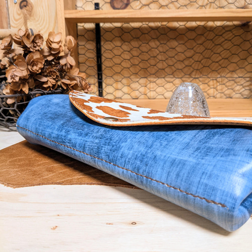 ぐしぐし手縫い＊デニムレザーとカウ柄ハラコのアコーディオン長財布  