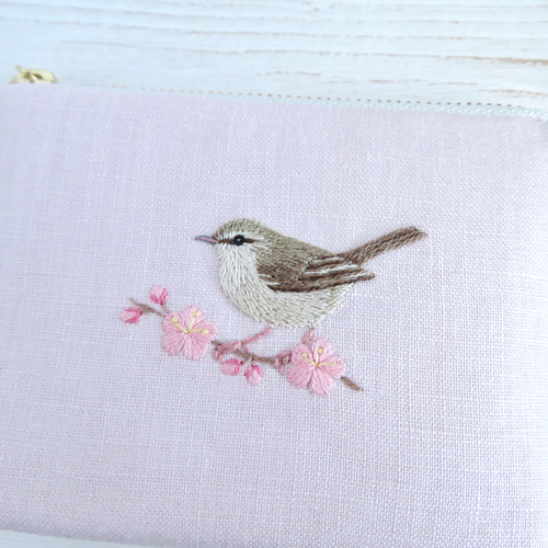 ウグイスと梅の刺繍リネンミニポーチ【パウダーピンク】 ポーチ Coruri
