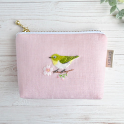 メジロと桜の刺繍リネンミニポーチ【桜ピンク】 1枚目の画像