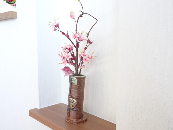一点物【パンフラワー/和/パン粘土】フクロウさんとサクラさん～ほっこり心和む桜のパンフラワアレンジメント 5枚目の画像