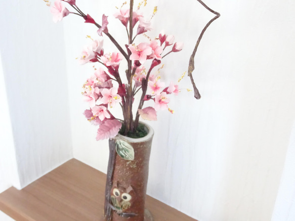 一点物【パンフラワー/和/パン粘土】フクロウさんとサクラさん～ほっこり心和む桜のパンフラワアレンジメント 3枚目の画像