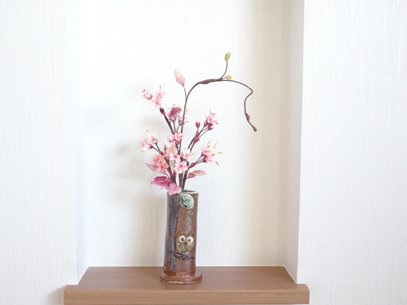 一点物【パンフラワー/和/パン粘土】フクロウさんとサクラさん～ほっこり心和む桜のパンフラワアレンジメント 10枚目の画像
