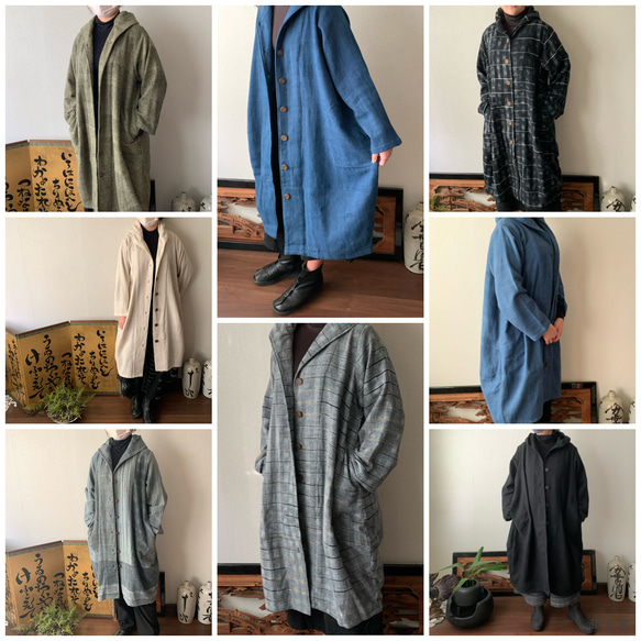 フード風襟の手織り綿バルーンコート　秋冬に、嵐山のお店で一番人気で裾切り替えもキュートなコート　青絣 10枚目の画像