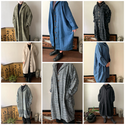 フード風襟の手織り綿バルーンコート　秋冬に、嵐山のお店で一番人気で裾切り替えもキュートなコート　グレイ絣 9枚目の画像