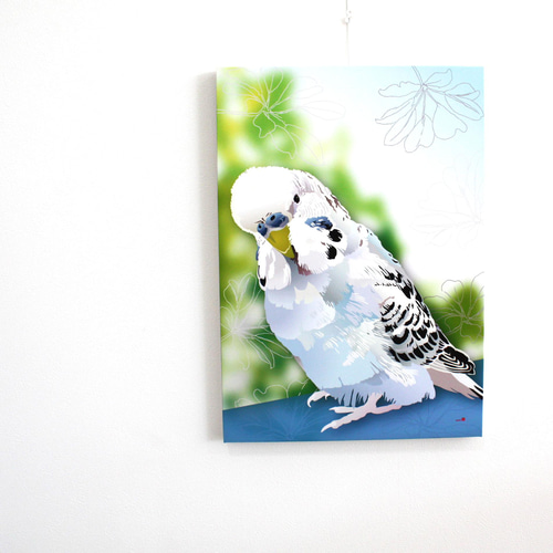 パネル作品【小】「ジャンボセキセイインコ 銀」（A5・B5サイズ） 写真