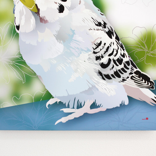 パネル作品【小】「ジャンボセキセイインコ 銀」（A5・B5サイズ） 写真