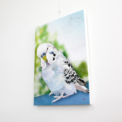 パネル作品【小】「ジャンボセキセイインコ 銀」（A5・B5サイズ） 写真