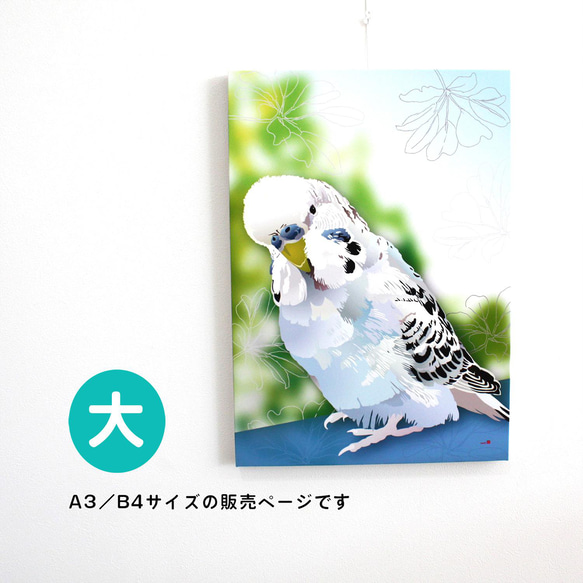 ❀ハンドメイドオーダー用 インコちゃんデザイン パネル サンプル パネル作品【大】「ジャンボセキセイインコ 銀」（B4・A3サイズ） 写真
