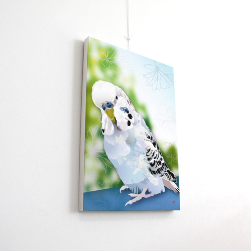 パネル作品【大】「ジャンボセキセイインコ 銀」（B4・A3サイズ） 写真