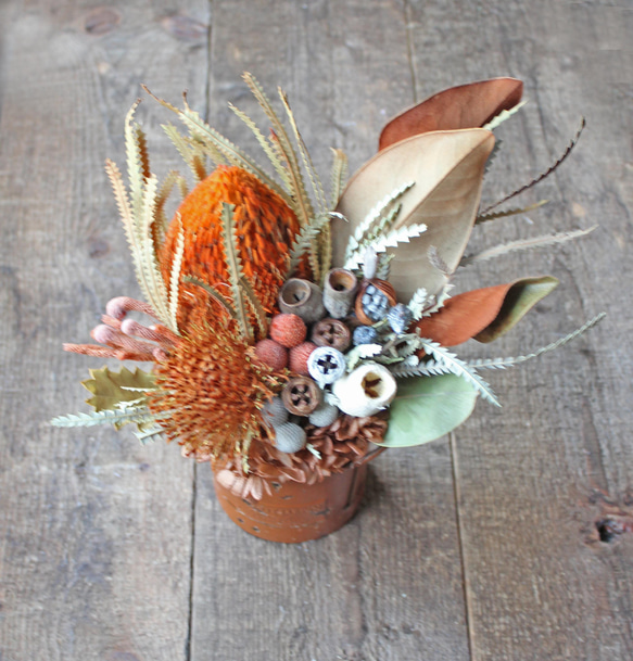 Bucket Banksia dry arrangement light brown M【ラッピング無料】 2枚目の画像