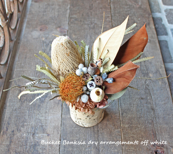 Bucket Banksia dry arrangement off white M【ラッピング無料】 1枚目の画像